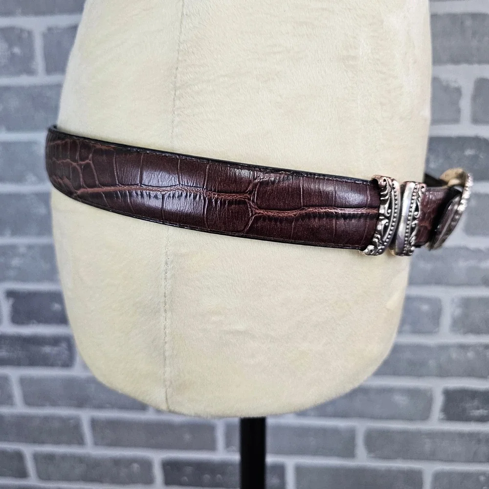 Reversible Brown Croc Embossed & Black Leather Belt Western Boho Silver Buckle - Picture 4 of 9